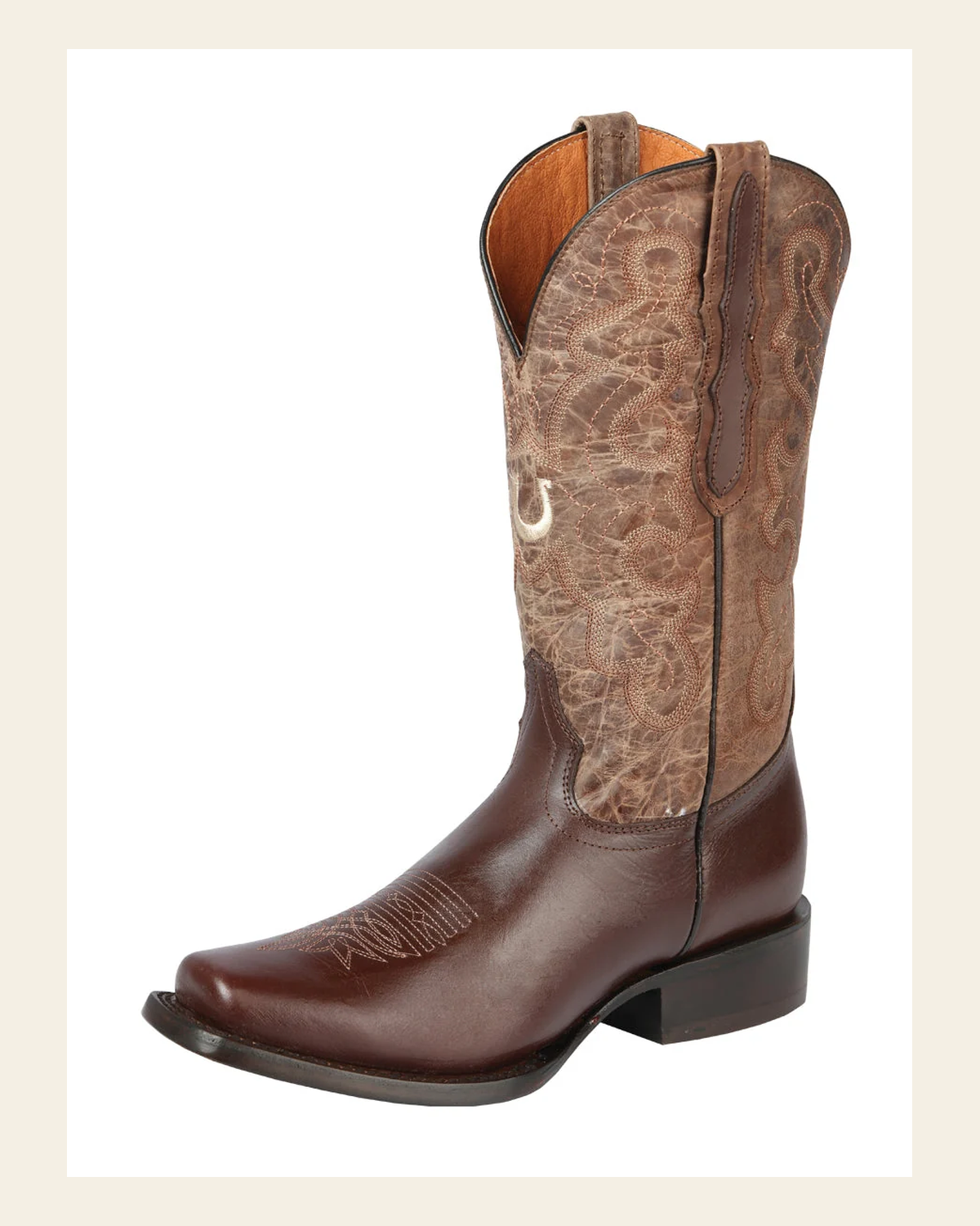 El General Women's Leather Cowboy Boot - Made in Mexico - Alazan Brown/Sand 44851 on a warm cream background