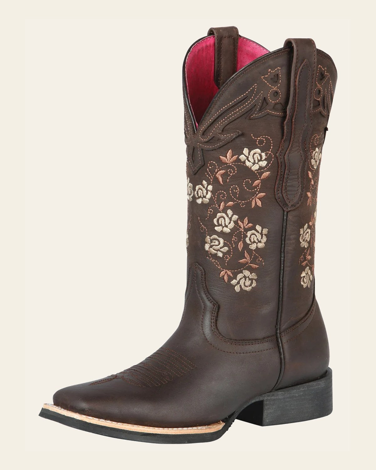 El General Women’s Leather Cowgirl Boots - Made in Mexico - Crazy Brown 44635 on a warm cream background