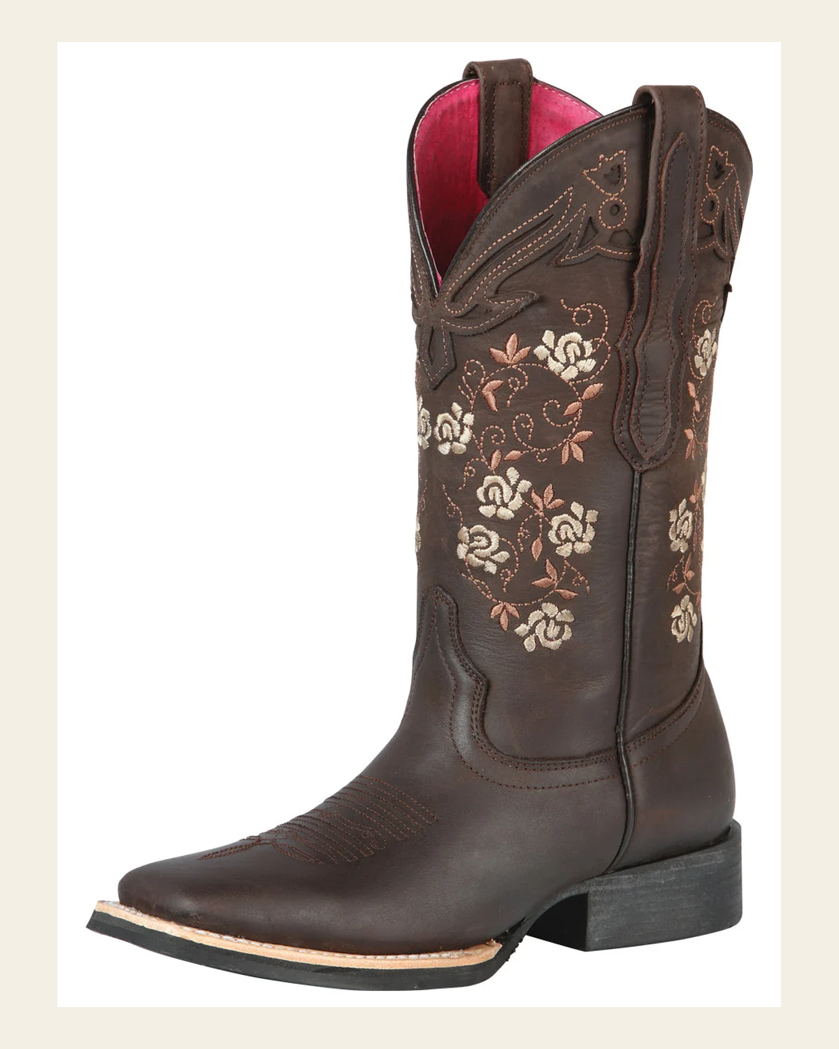 El General Women’s Leather Cowgirl Boots - Made in Mexico - Crazy Brown 44635 on a warm cream background