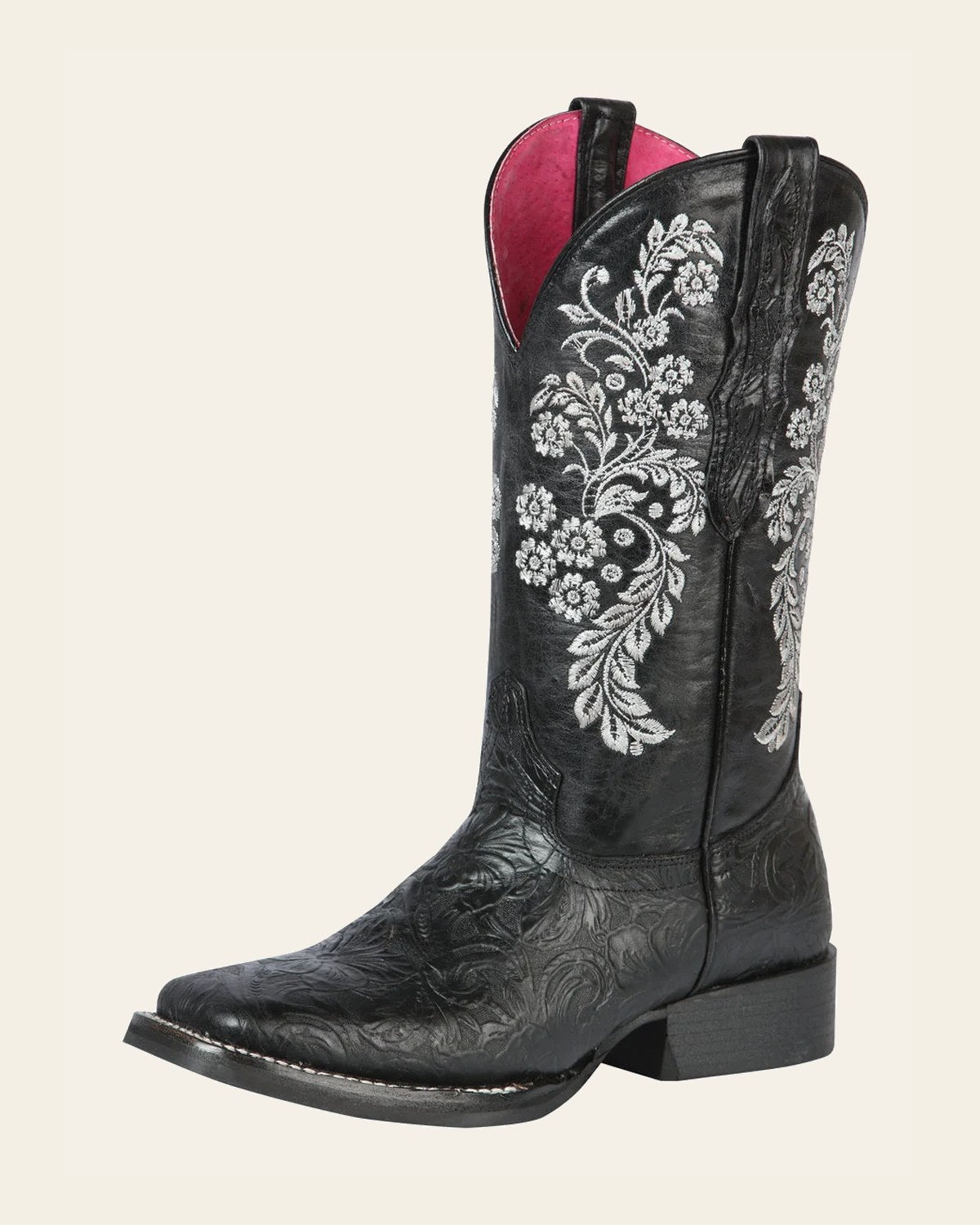 El General Women’s Leather Cowgirl Boots - Made in Mexico - Embossed Roses Black 44636 on a warm cream background