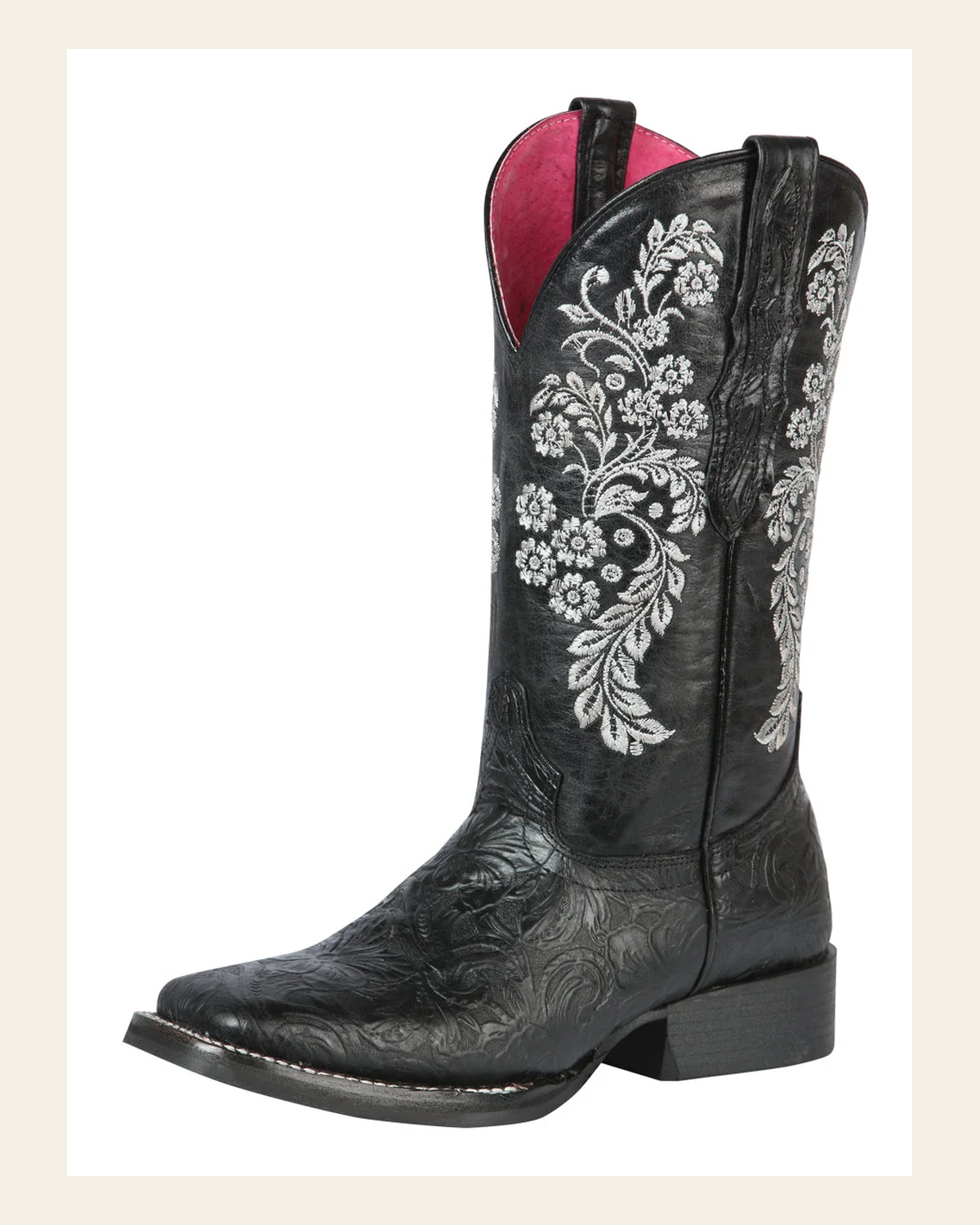 El General Women’s Leather Cowgirl Boots - Made in Mexico - Embossed Roses Black 44636 on a warm cream background