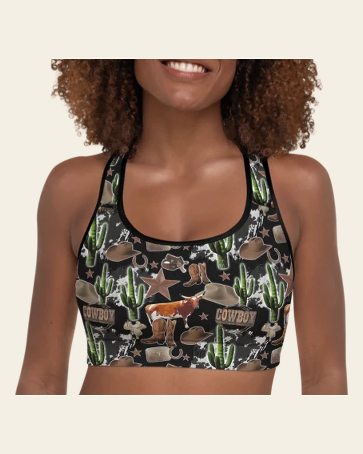 Cowboy Collage Sports Bra on a warm cream background
