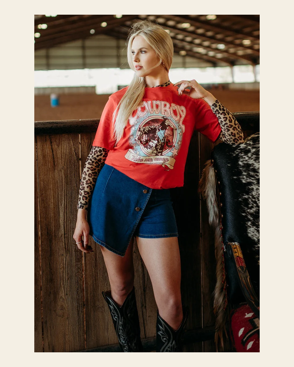 Cowboy Take Me Away Red | Tee on a warm cream background