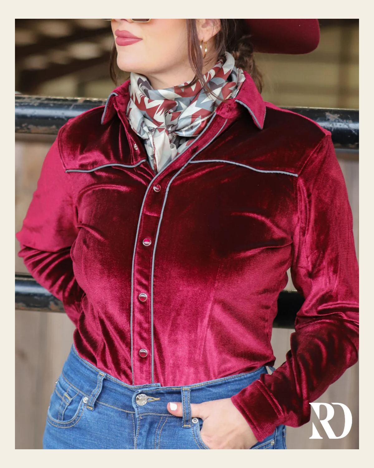 Cranberry Velvet Performance Rodeo Shirt on a warm cream background