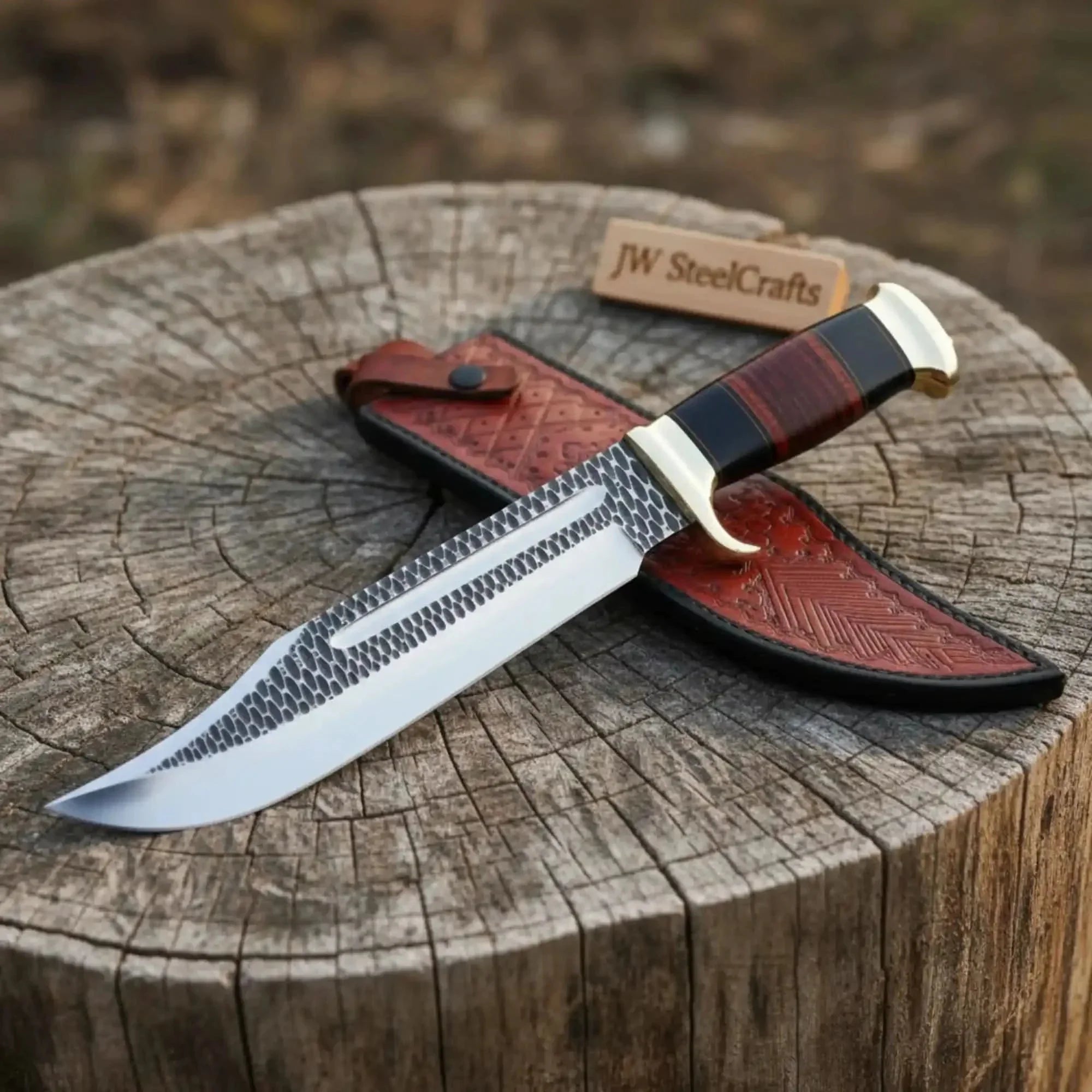 Handcrafted Western Bowie Knife Clip Point Hunting Blade with Brass Guard and Leather Sheath