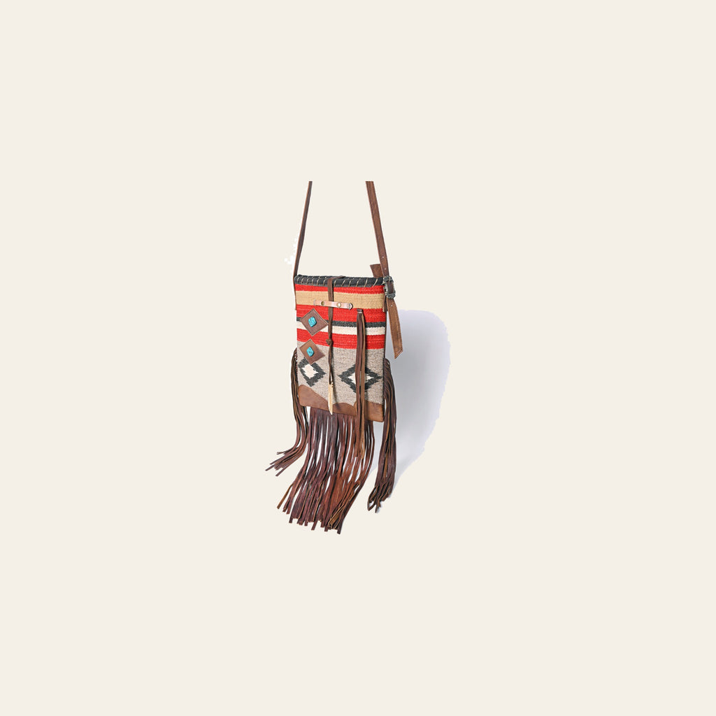 American Darling Western Leather Crossbody Bag with Fringe, Handwoven Saddle Blanket Panel, Adjustable Strap & Premium Genuine Leather
