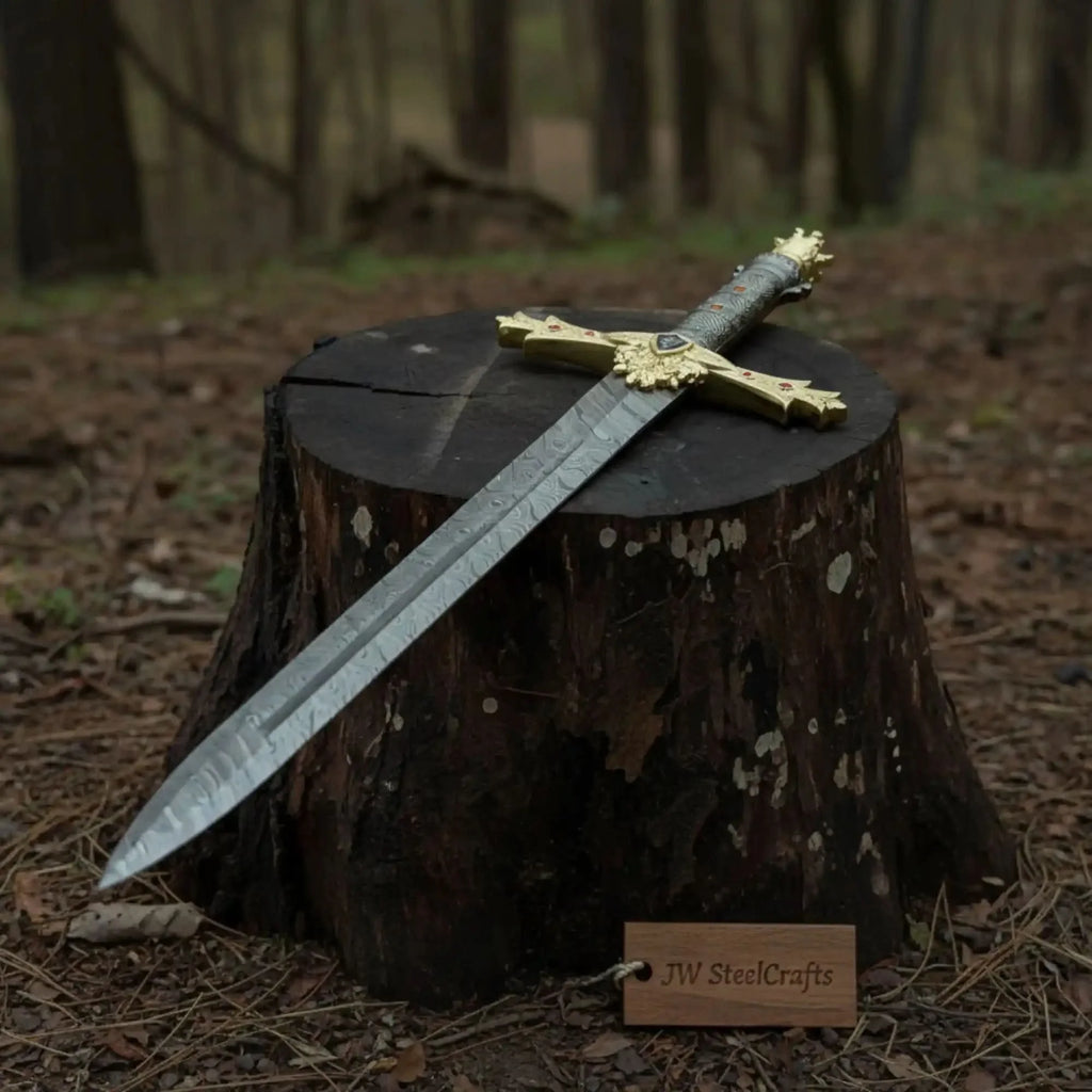 Handmade Golden Crusade Sword Authentic Crusader Sword Replica in Damascus Steel
