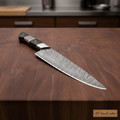 Damascus Kiritsuke Chef Knife with Raindrop Pattern Blade and Red/Black Pakka Wood Handle