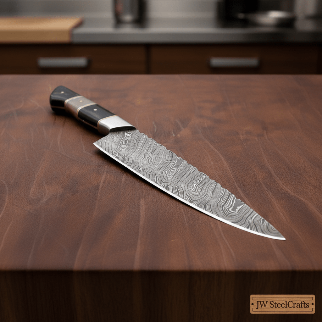 Damascus Kiritsuke Chef Knife with Raindrop Pattern Blade and Red/Black Pakka Wood Handle