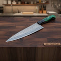 Handmade Damascus Gyuto Chef Knife, Full Tang Professional Kitchen Knife with Green Wood and Black Resin Handle, Forged Damascus Steel Culinary Cooking Knife, JW SteelCraft