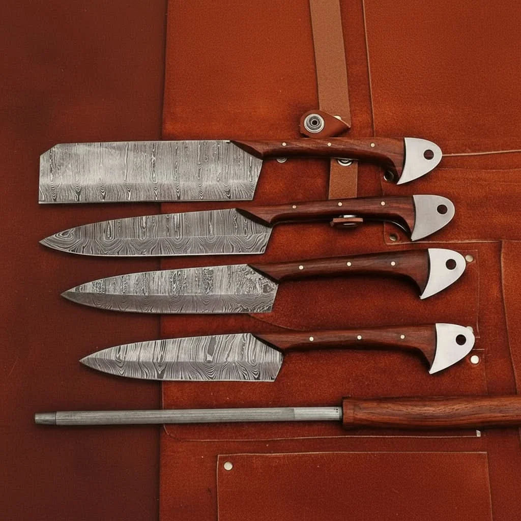 4-Piece Handmade Damascus Kitchen Knife Set – Rosewood Handles, Steel Bolsters & Brass Pins | Chef, Santoku, Cleaver & Utility | Leather Roll & Honing Rod Included