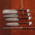 4-Piece Handmade Damascus Kitchen Knife Set – Rosewood Handles, Steel Bolsters & Brass Pins | Chef, Santoku, Cleaver & Utility | Leather Roll & Honing Rod Included