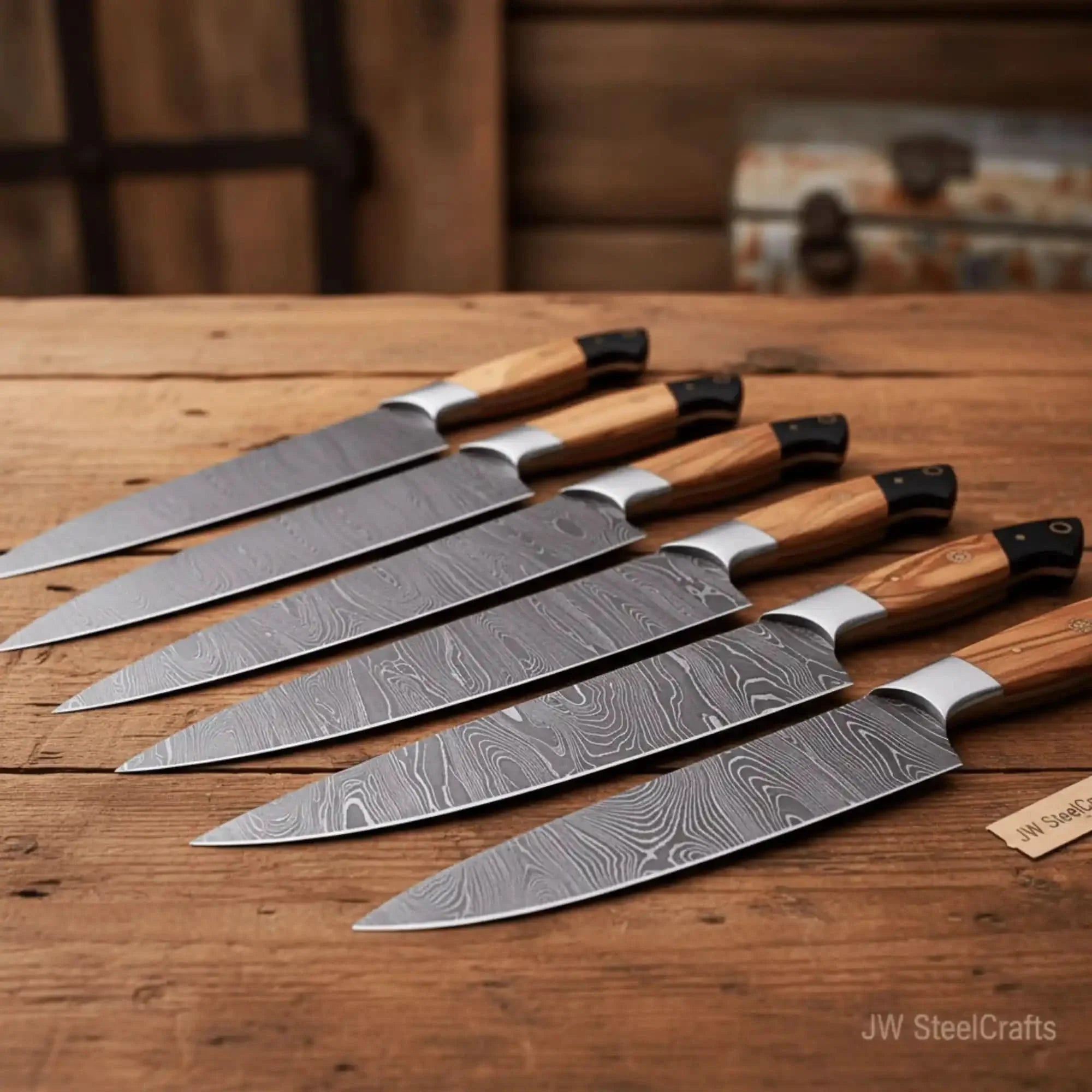 Handmade Damascus Knife Set, Olive Wood & Resin Handle