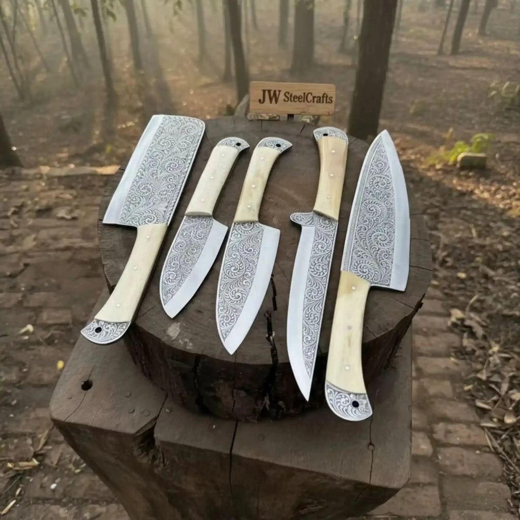 High Carbon Steel Butcher Knife Set – Cleaver, Chef, Slicer, Boning & Utility Knives, Hand Engraved Blades, Bone Handles, Full Tang