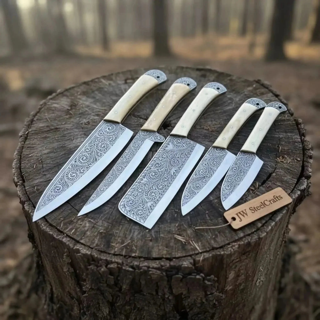 High Carbon Steel Butcher Knife Set – Cleaver, Chef, Slicer, Boning & Utility Knives, Hand Engraved Blades, Bone Handles, Full Tang