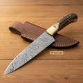 Custom Damascus Clip Point Hunting Knife Stag Handle Fixed Blade Outdoor Utility with Sheath