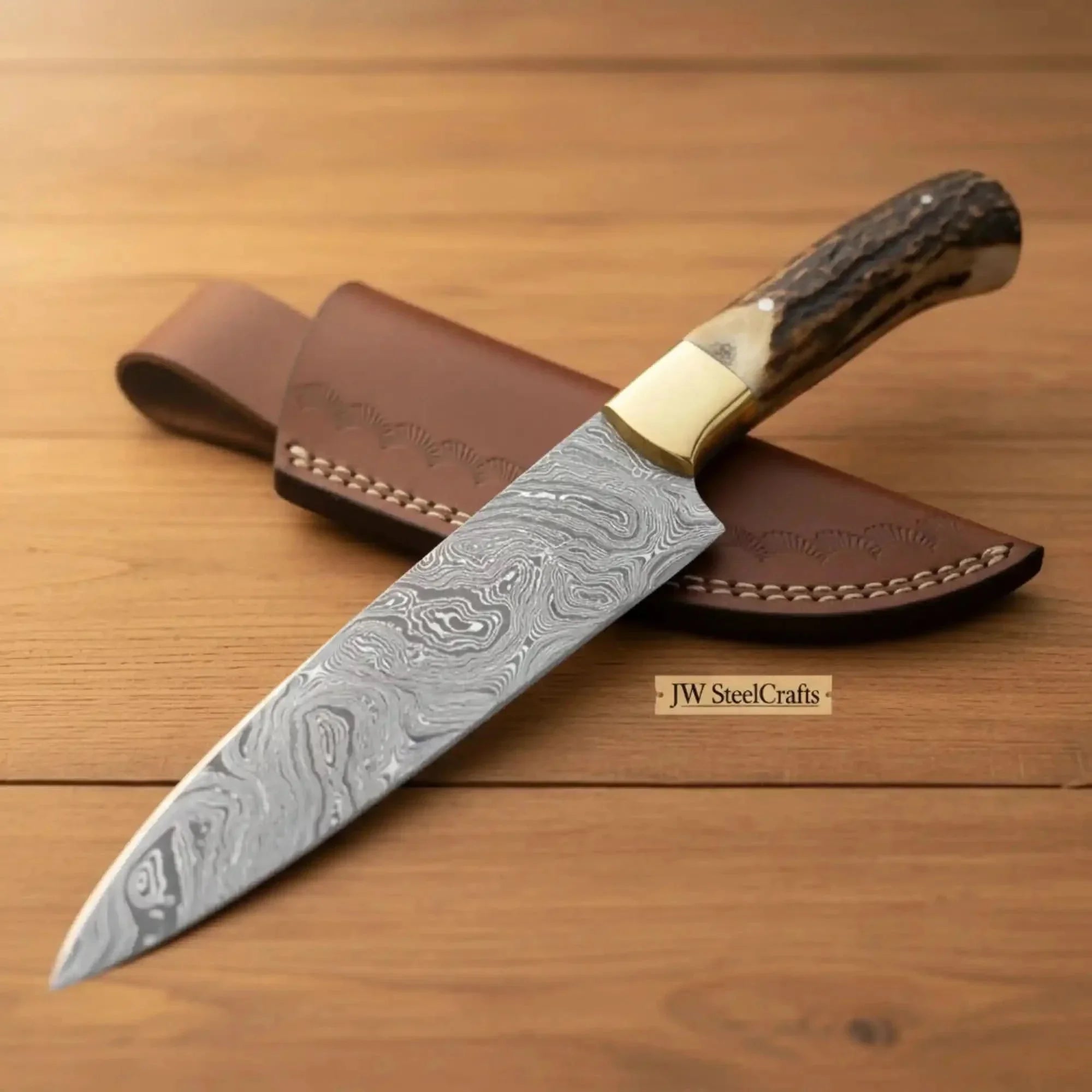 Custom Damascus Clip Point Hunting Knife Stag Handle Fixed Blade Outdoor Utility with Sheath