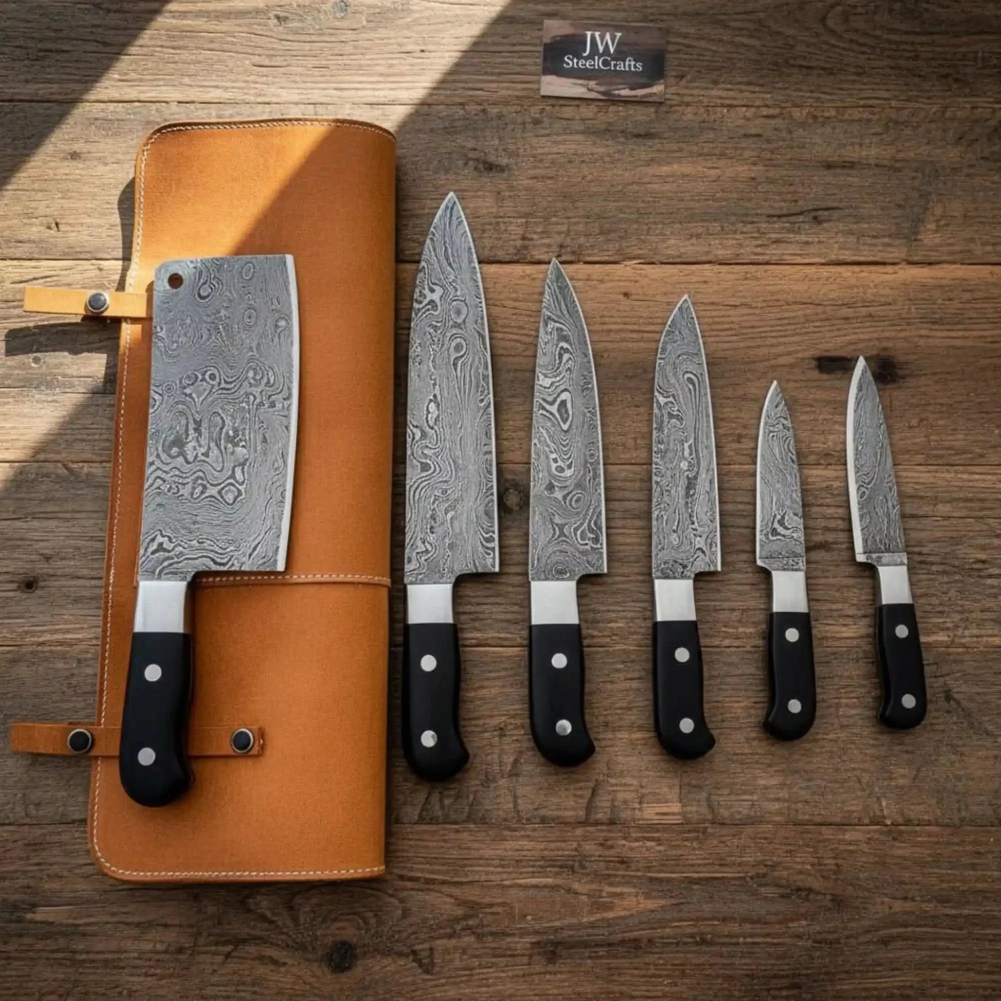 6-Piece Custom Damascus Culinary Knife Set with Cleaver & Black Resin Handles