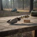 Damascus Steel Skinner Knife w/ Stag Handle and Gut Hook Fixed Blade Knife