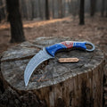 Damascus Karambit Knife with Blue Wood Handle, Finger Ring, and Sheath