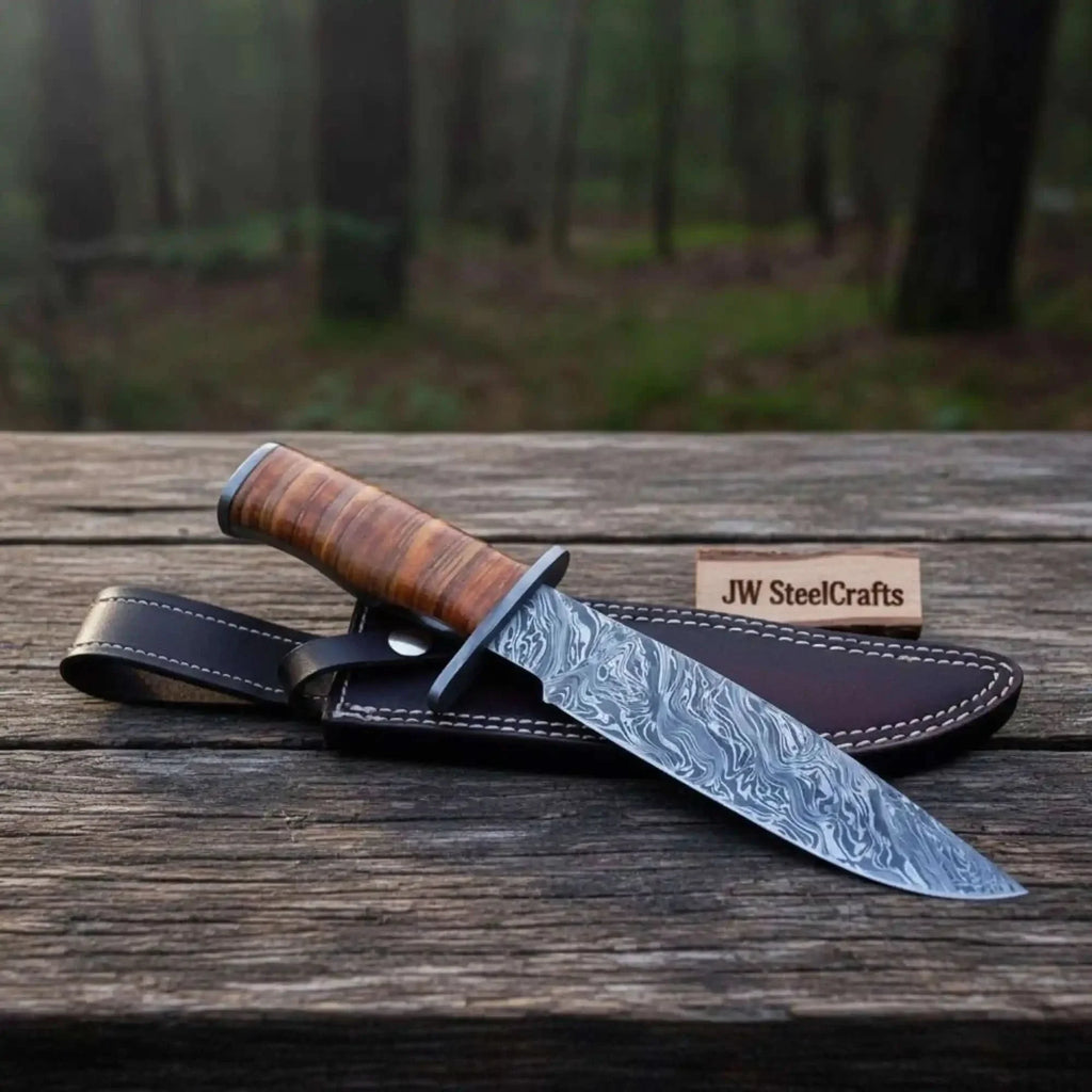 Custom Damascus Utility Bowie Knife Handmade
