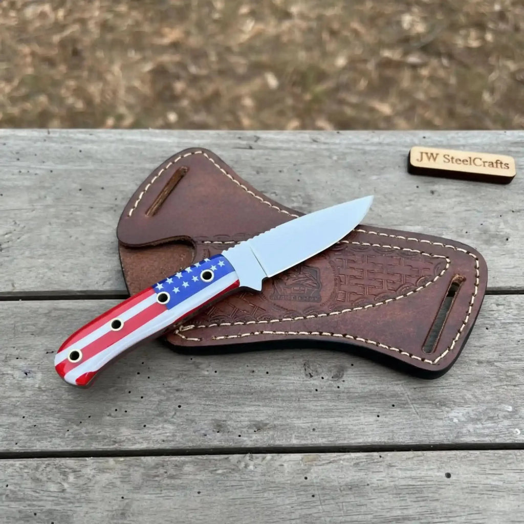 Custom Fixed Blade Knife – Drop Point Outdoor EDC with USA Flag Handle and Leather Sheath