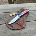 Custom Fixed Blade Knife – Drop Point Outdoor EDC with USA Flag Handle and Leather Sheath