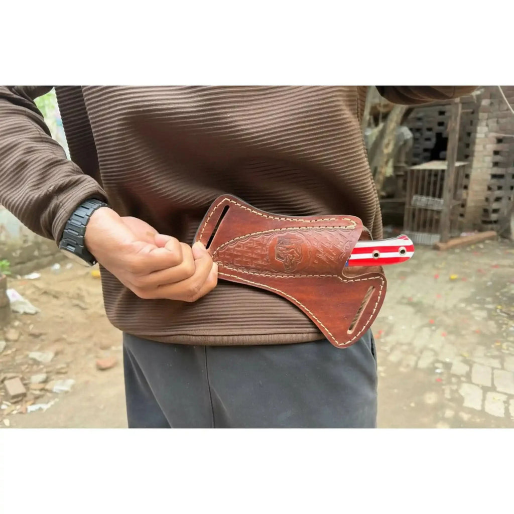 Custom Fixed Blade Knife – Drop Point Outdoor EDC with USA Flag Handle and Leather Sheath