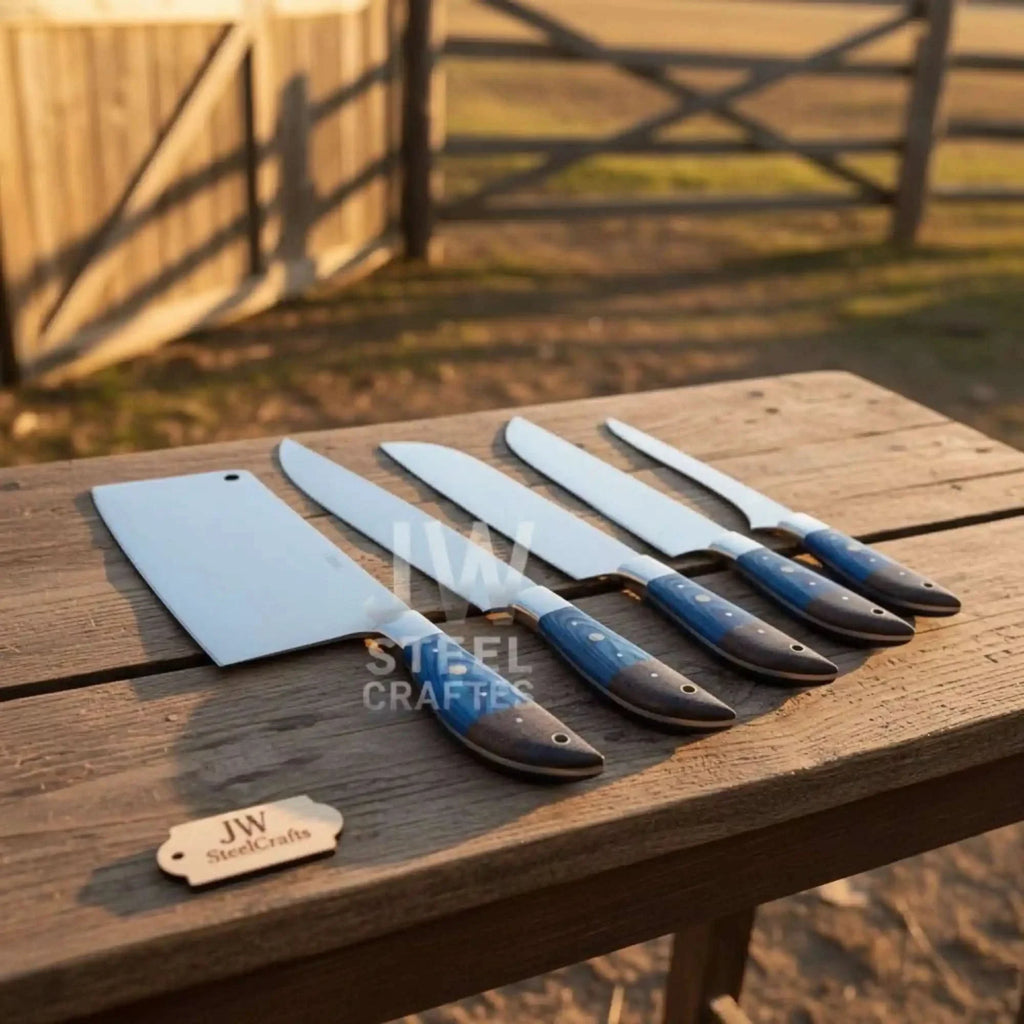 Blue Wood Damascus Chef Knife Set: 5-Piece Handmade Collection