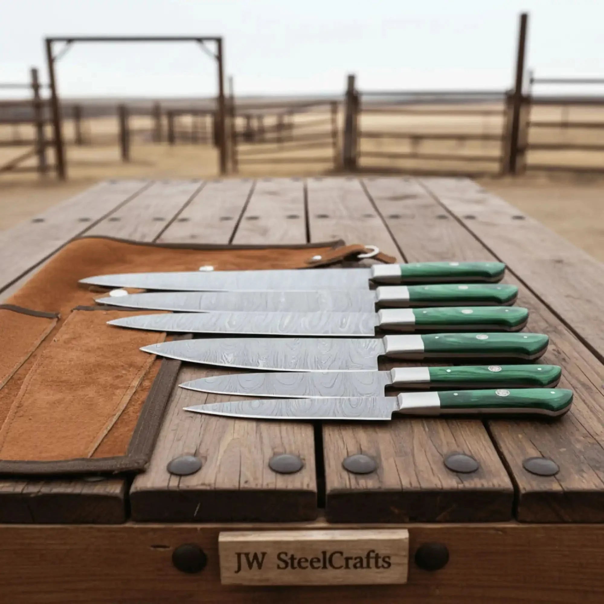6-piece handmade Damascus chef knife set with green pakkawood handles
