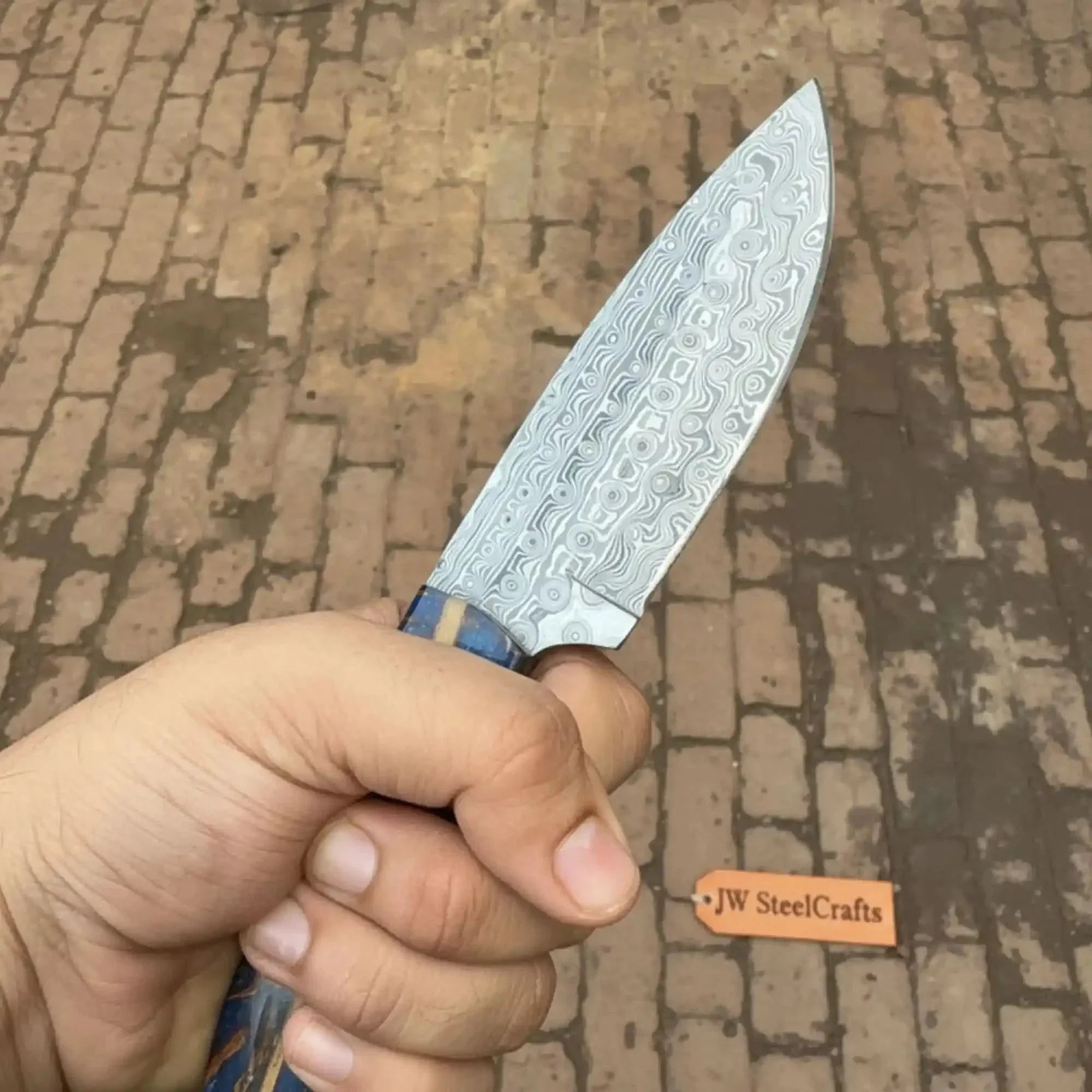 Drop Point Damascus Knife 7” EDC – Persian Utility Style, Blue Pinecone Resin Handle Handmade