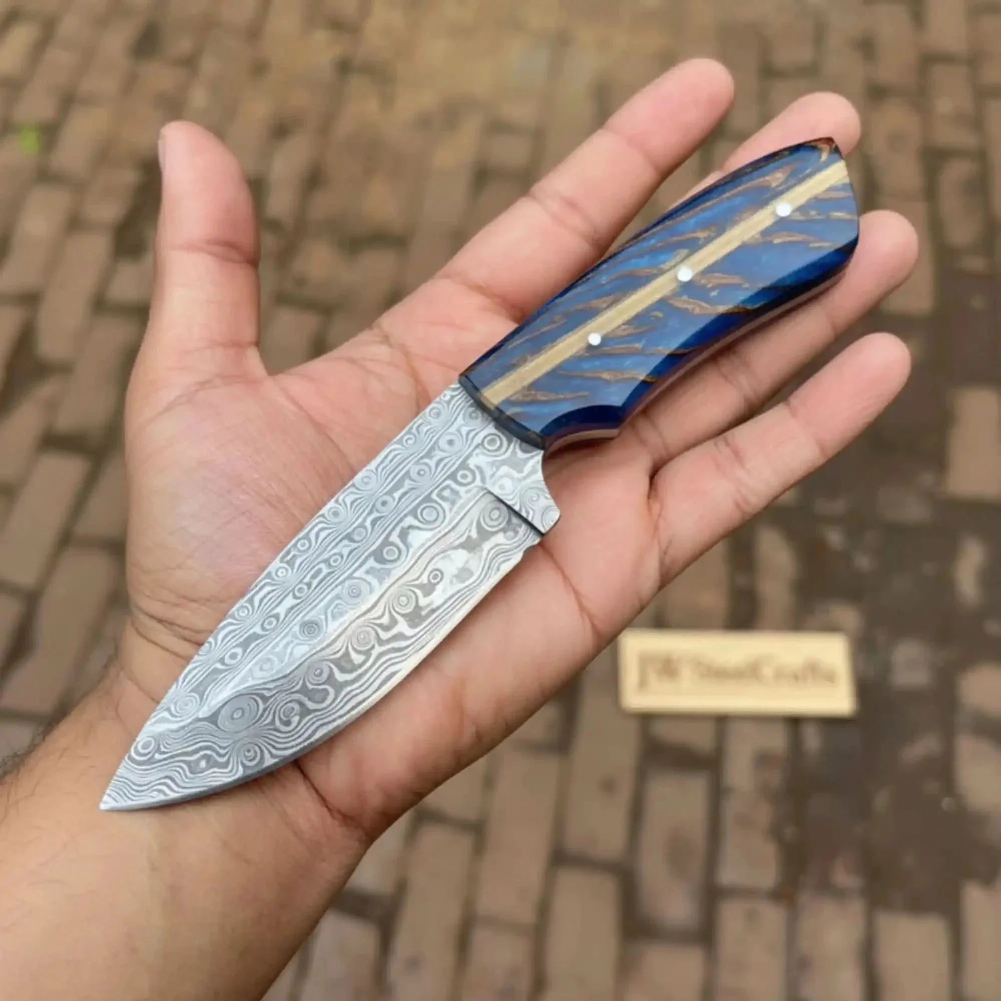 Drop Point Damascus Knife 7” EDC – Persian Utility Style, Blue Pinecone Resin Handle Handmade