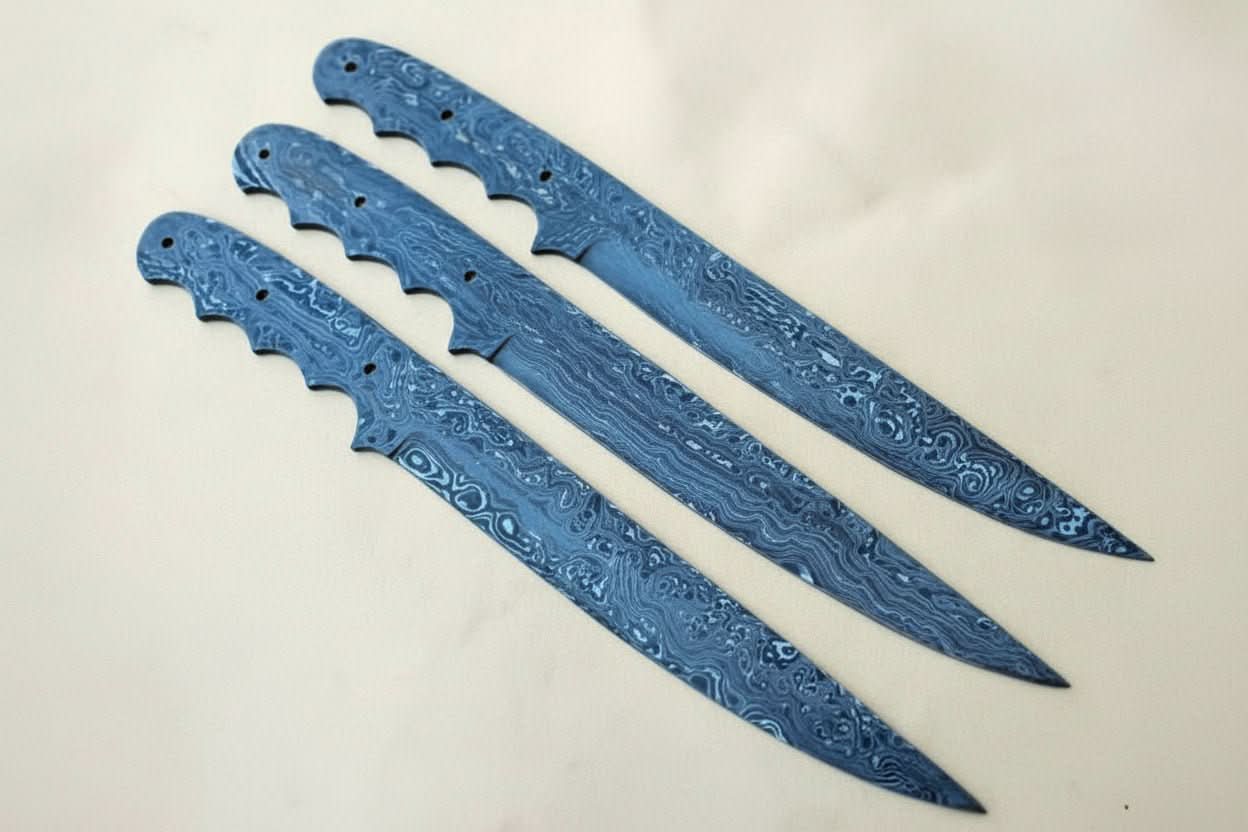 Custom Handmade Damascus Steel Fillet Knife Blank Blades Set of 3 – Full Tang Twist Pattern Flexible Fillet Knife Blanks for Custom Handle Making JW SteelCrafts