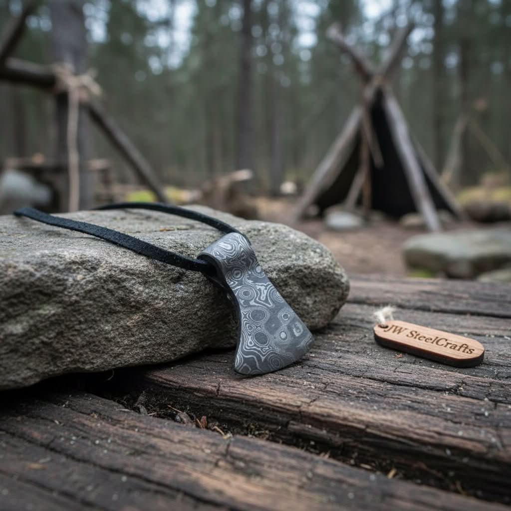 Damascus Viking Axe Pendant with Raindrop Pattern Steel