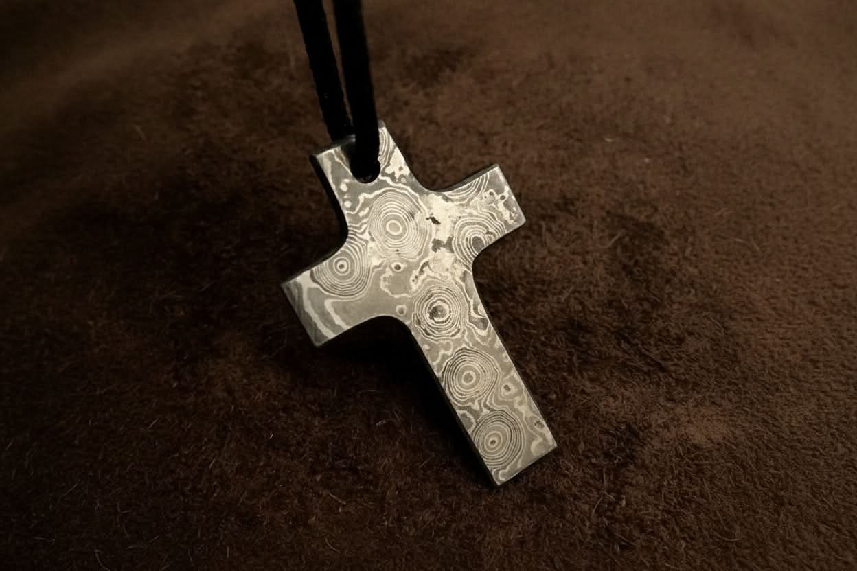 Damascus Latin Cross Pendant in Raindrop Pattern Steel