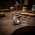 Quilted Pattern Damascus Ring with Cross Hatched Diamond Grid Texture