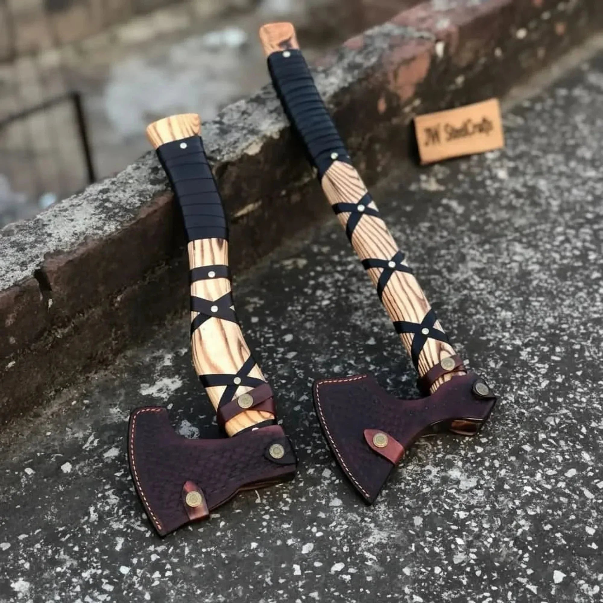 Fenrir Wolf Viking Axe Pair with Acid Etched Bearded Heads
