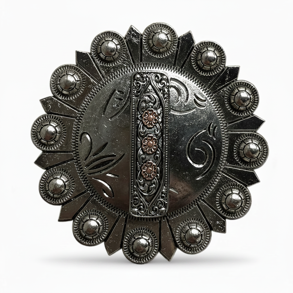 Antique Silver and Copper Flower Rectangle Concho #W268 — view 4