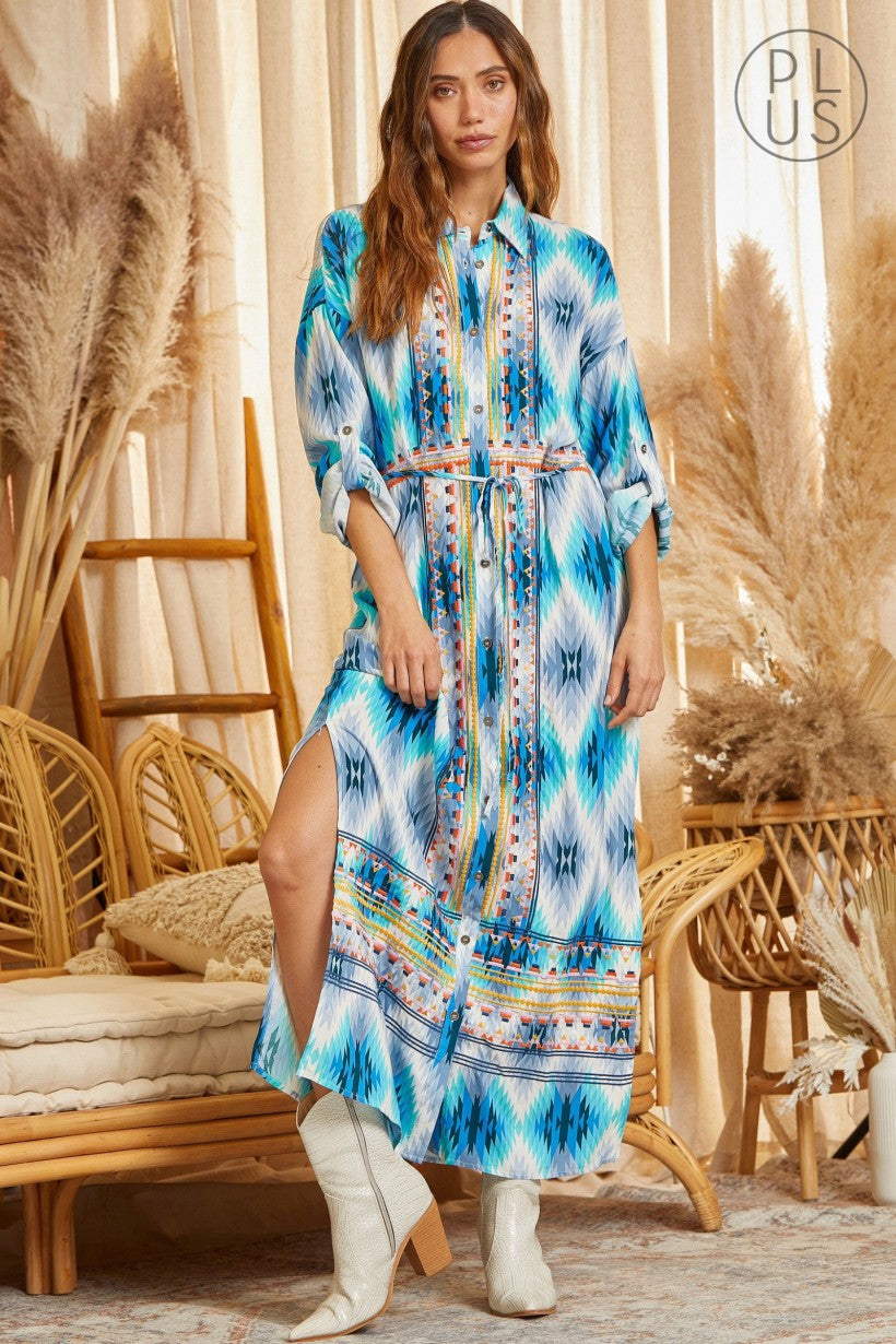 Blue Caracao Aztec Button Down Dress Duster Plus Size 2xl or 3XL by Baha Ranch Western Wear - product image 3