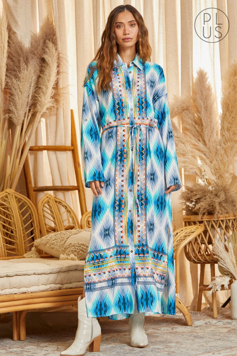 Blue Caracao Aztec Button Down Dress Duster Plus Size 2xl or 3XL by Baha Ranch Western Wear