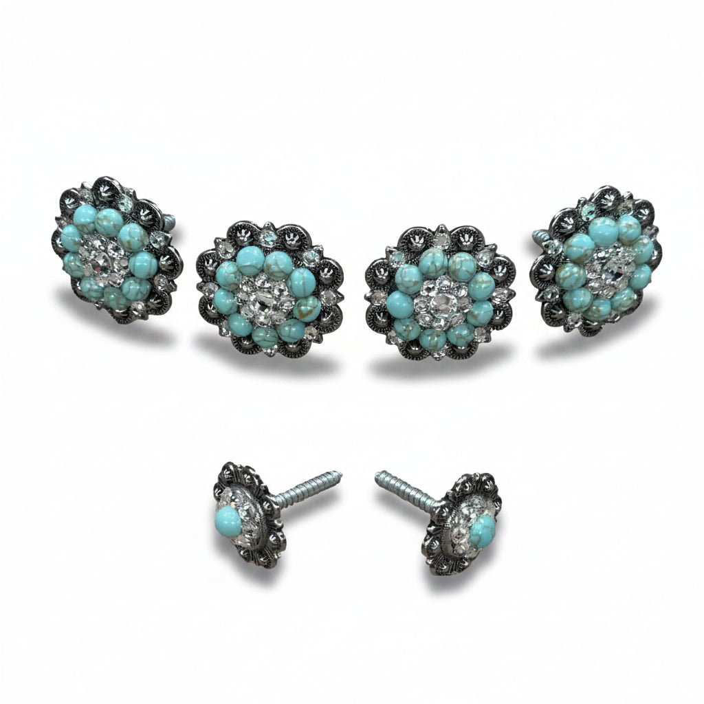 Antique Silver Fashion Turquoise and Clear Saddle Conchos — view 2
