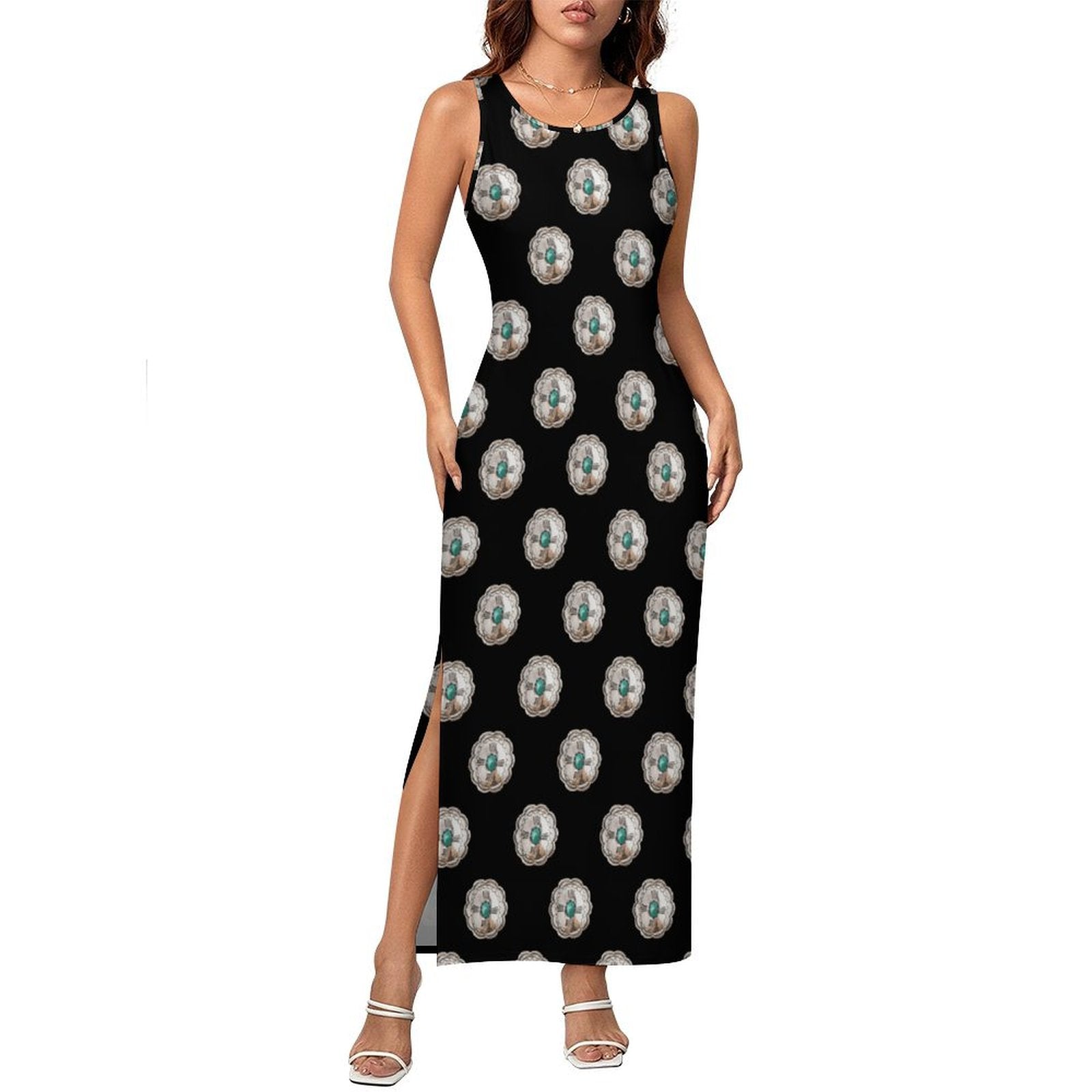Baha Ranch Silver Concho Slit Maxi Dress by Baha Ranch Western Wear
