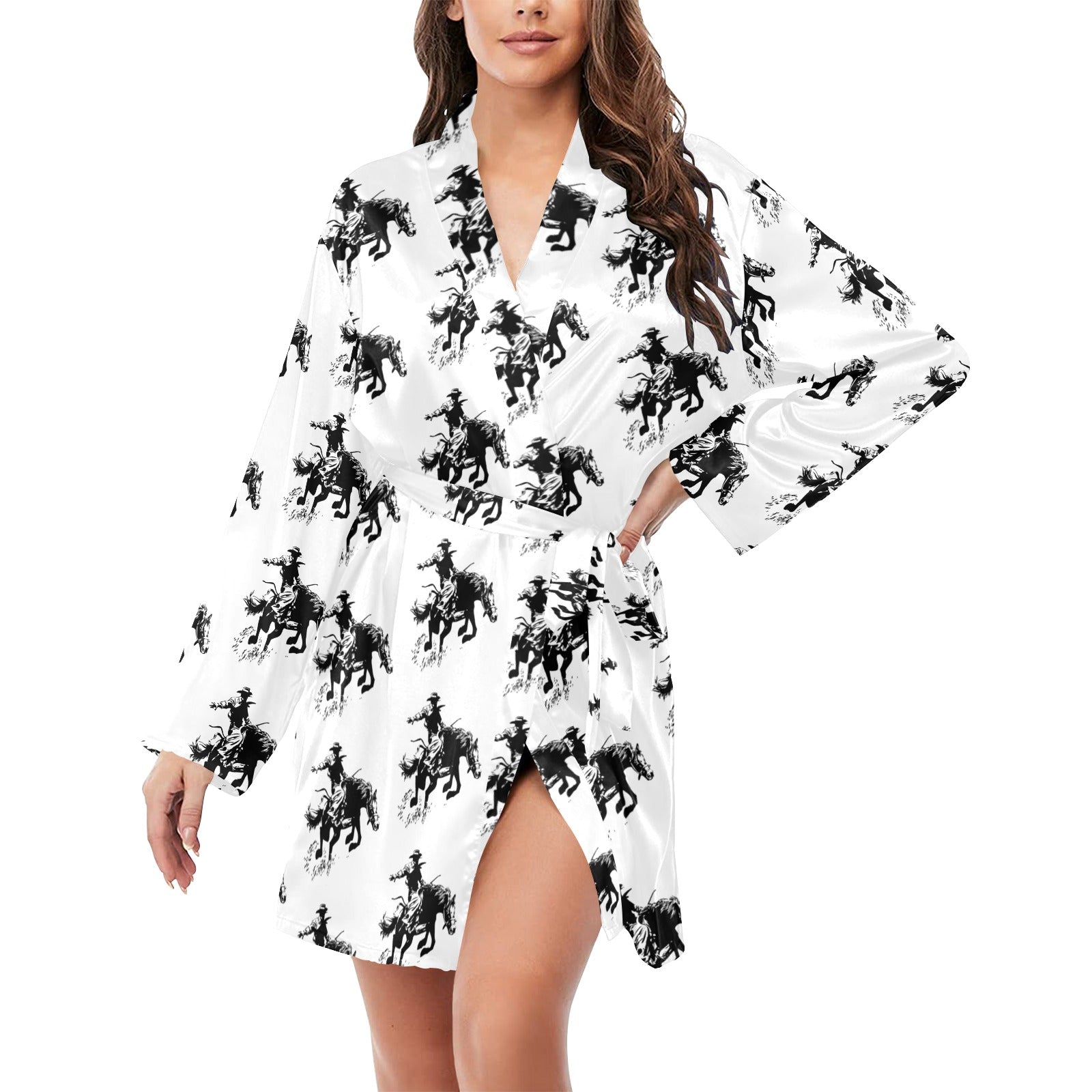 Baha Ranch Rodeo Bronc Women's Long Sleeve Belted Satin Feel Dressing Lounge Robe by Baha Ranch Western Wear