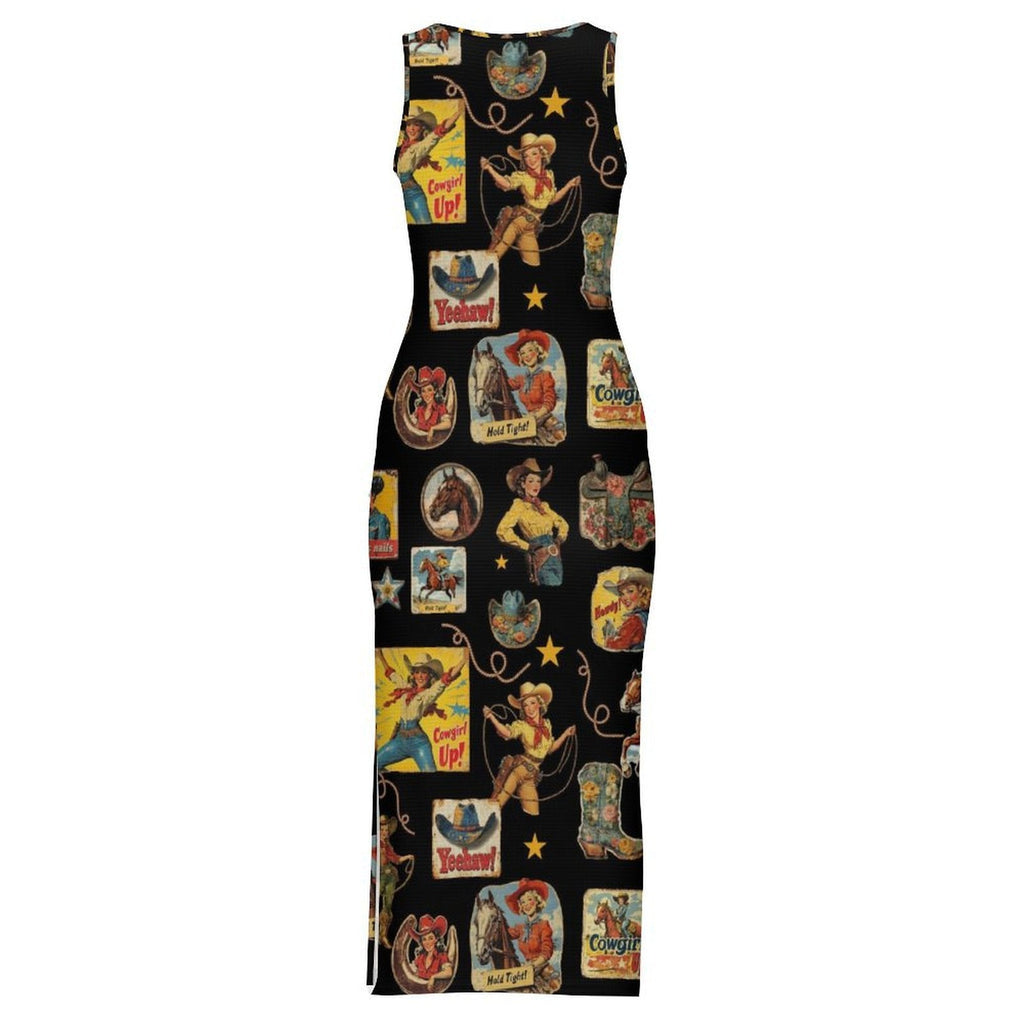 Baha Ranch Vintage Cowgirl Collage Sleeveless Bodycon Side Slit Long Dress by Baha Ranch Western Wear - product image 3