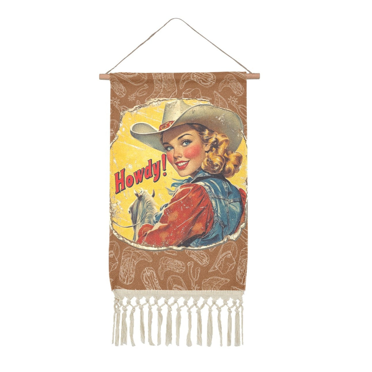 Baha Ranch Howdy Vintage Cowgirl Western Wall Decor Linen Hanging Poster with Fringe Made in America by Baha Ranch...