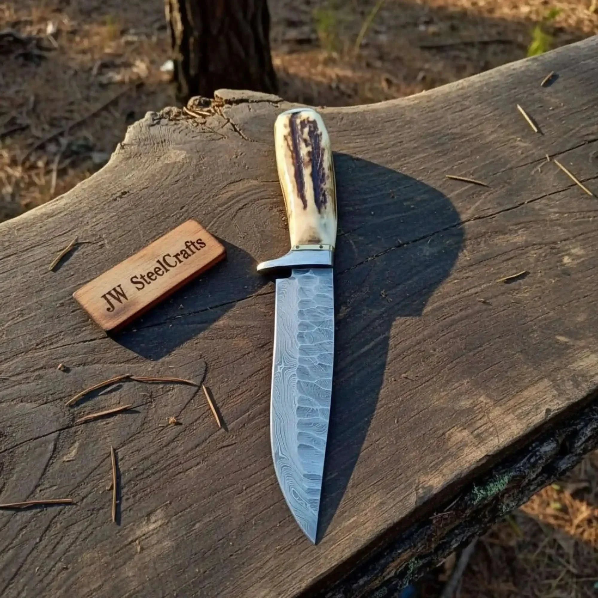 Frontier Bowie Knife Damascus Steel Clip Point Stag Handle Fixed Blade Hunting Knife