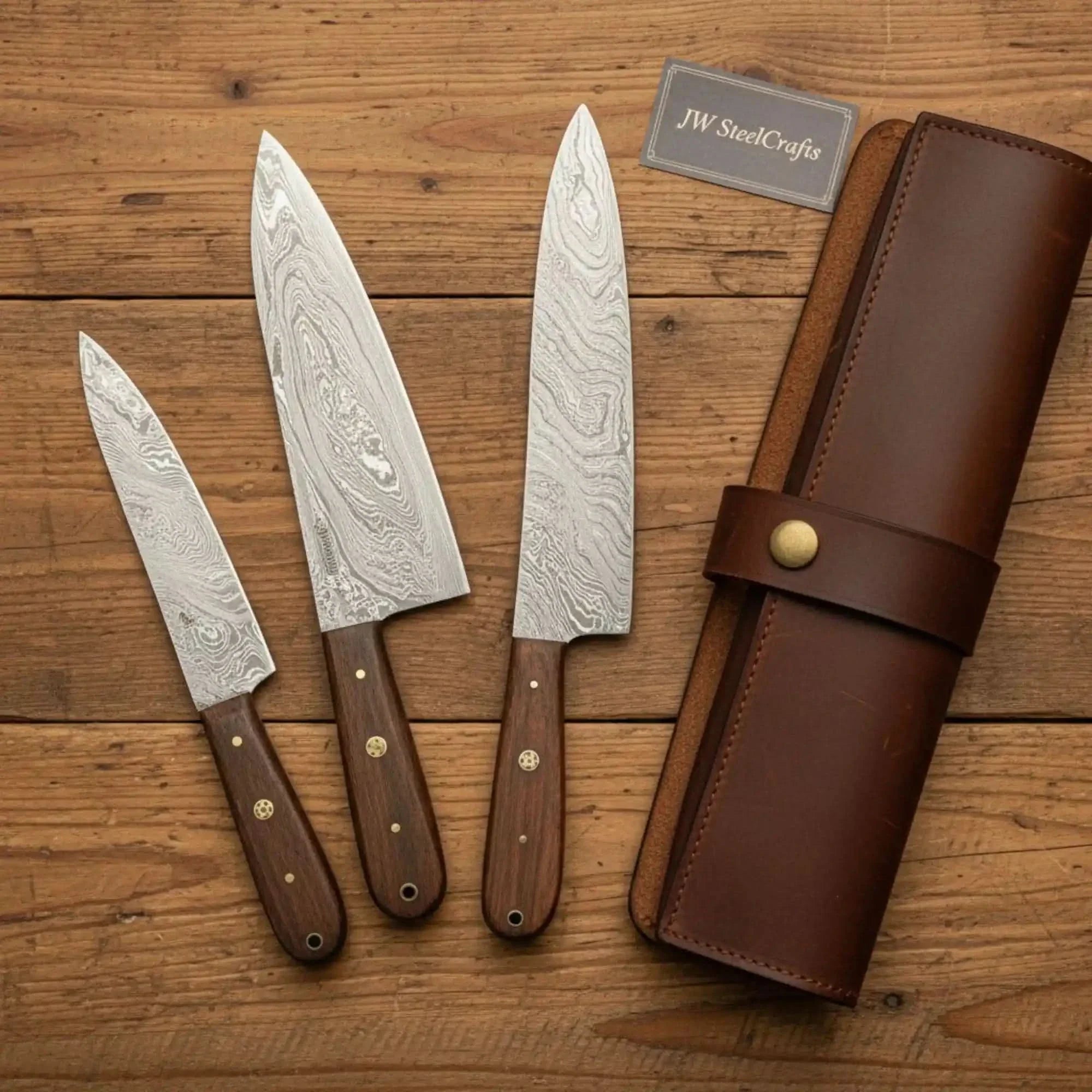 3-Piece Damascus Kitchen Knife Set — Bread, Chef & Paring Knives with Rosewood Handles