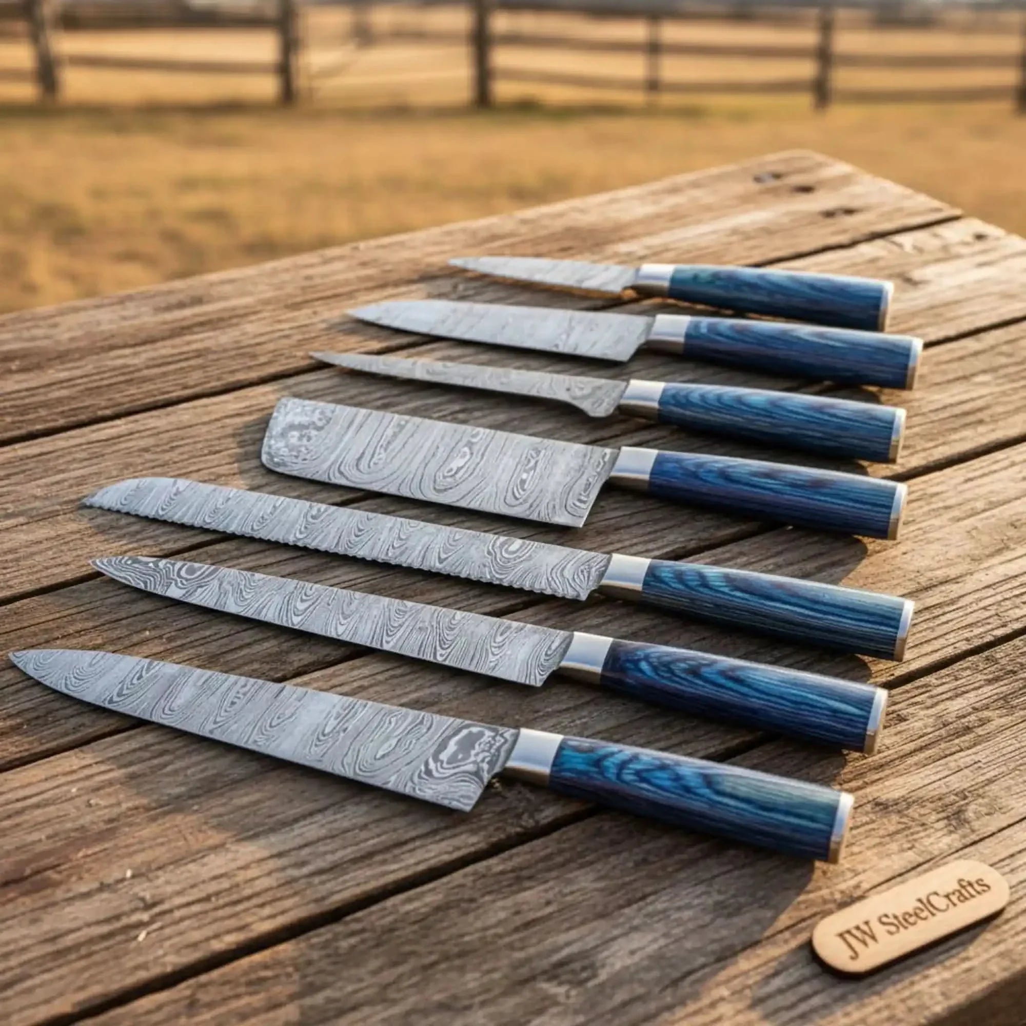 7-Piece Damascus Blue Pakkawood Knife Set with Wood Grain Damascus Blades