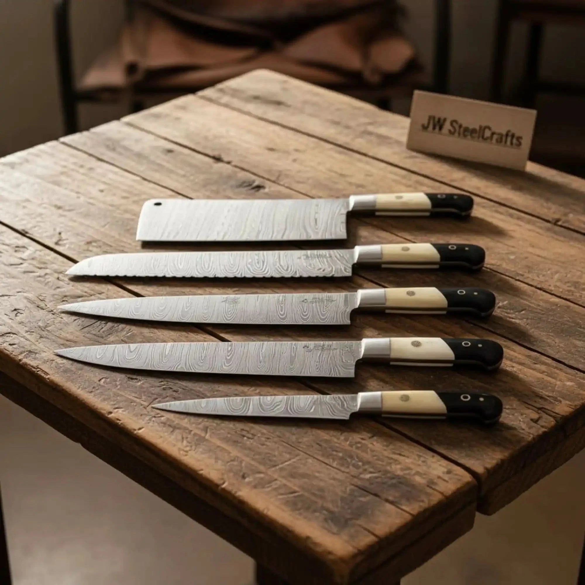 Damascus Boning and Bread Knife Set with Bone and Wood Handles