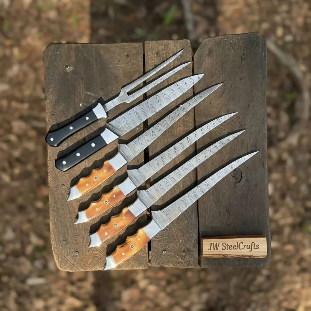 Handmade Damascus Boning & Fillet Knife Set with Black and Orange Resin Handles